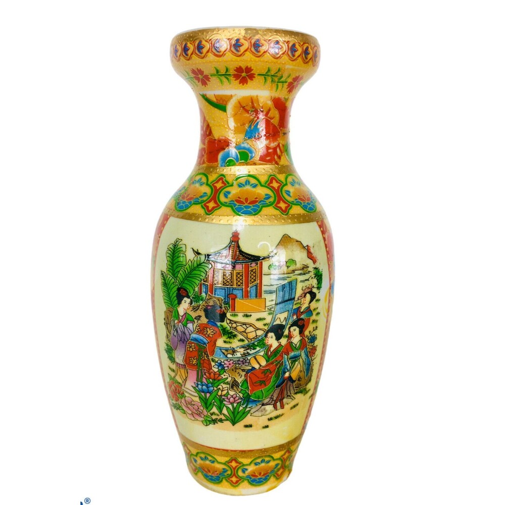 Early 1900s Japanese Geisha Satsuma Hand Painted Porcelain Gold Guild Vase 8"